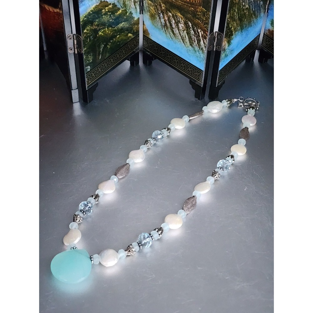 GENUINE Pearl Necklace Pink Coin Button 925 Sterling Silver Aquamarine Beaded